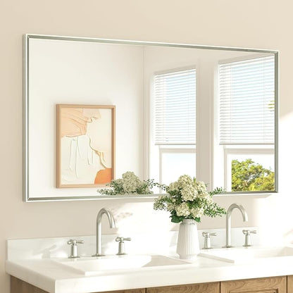 Brushed Nickel Mirror 55" x 30" Beveled Framed Bathroom Vanity Wall Mirror for Over Sink Brushed Nickel, Tempered Glass, Modern Farmhouse Bedroom, Entryway, Living Room