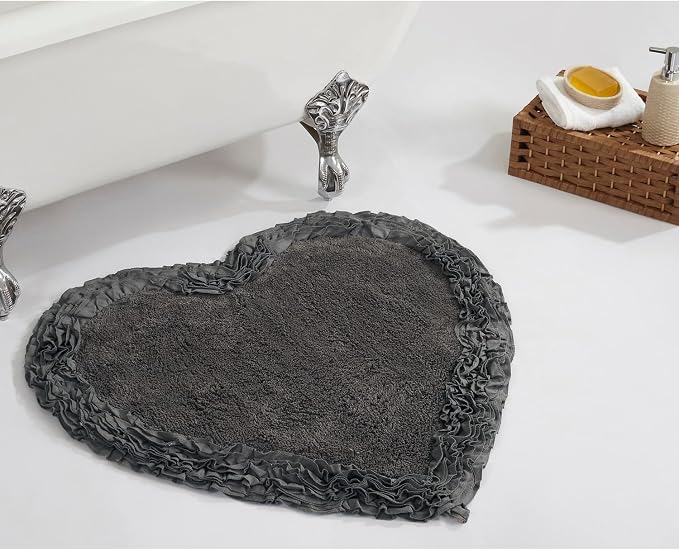 Better Trends 30” Heart Shaped Rugs 100% Cotton Soft Non Slip Doormat Washable Water Absorbent Rugs for Home Entrance Bathroom Shower Floor Decor, Gray Shaggy Border Collection