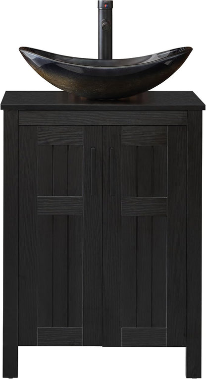 UEV Black 24" Bathroom Vanity with Sink Combo,Modern Freestanding Sink Cabinet,Stylish Bathroom Vanity Cabinet,Grooved Double Doors,Metal Handles,Champagne Boat Tempered Glass Vessel Sink(029CH)