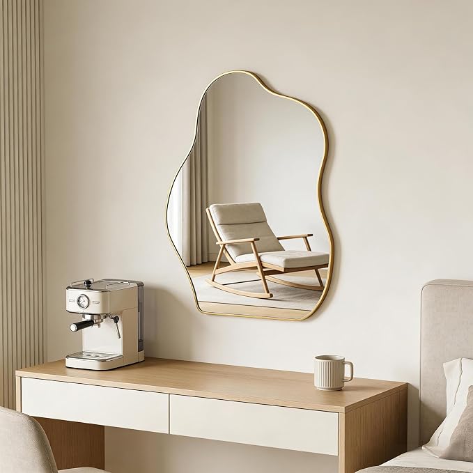 Irregular Asymmetrical Wall Mirror, 28x20 Inch Gold Bathroom Mirror | Decorative Wall Mirror, HD Tempered Glass, Golden Wood Framed Mirror for Bathroom Living Room Entryway Bedroom Hallway