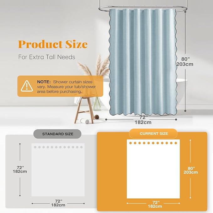 BTTN 80 Inch Shower Curtain, Long Scalloped Boho Linen Textured Heavy Duty Fabric Shower Curtain Set with 12 Hooks, Tall Modern Farmhouse Rustic Waterproof Shower Curtains for Bathtub, 72x80, Fog Blue