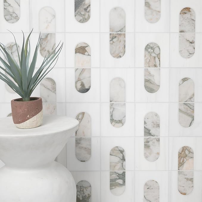 MSI Bianco Dolomite Moderno 12 in. x 12 in. Polished Marble Mosaic Floor and Wall Tile for Bathroom, Kitchen Backsplash, Accent Wall Tile, and Shower Wall Tile