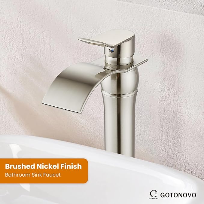 gotonovo Waterfall Vessel Sink Faucet for Sink 1 Hole,Single Handle Tall Bathroom Sink Faucet,Brass Waterfall Bathroom Faucet Arc Body Mixer Tap with Pop Up Drain and Supply Line,Brushed Nickel