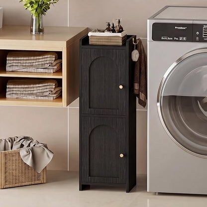 Arbuxzuy Small Bathroom Storage Cabinet with 2 Doors and Adjustable Shelf | Black Corner Floor Cabinet, Narrow Toilet Paper Cabinets with 2Hooks,Toilet Organizer for Small Spaces, 7.87"D*9.84"W*29.72"H