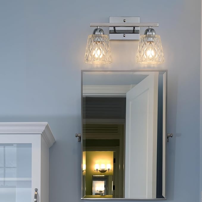 Mecgirn Stainless Steel Bathroom Vanity Light Over Mirror, 2 Light Polished Chrome Bathroom Light Fixtures with Textured Glass Shades, Modern Vanity Lighting Wall Mount