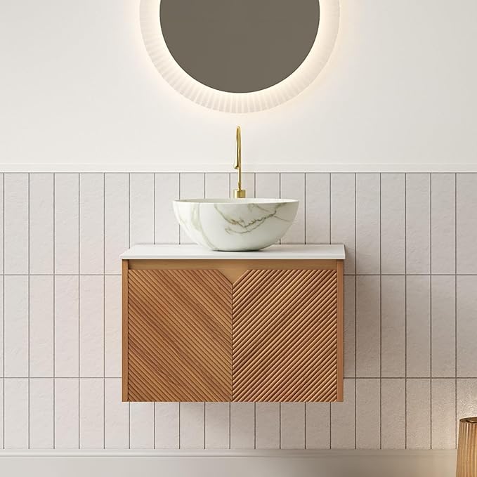 24 Inch Bathroom Vanity with Sink, Floating Fluted Vanity with Vessel Sink, Modern Wall Mounted Bathroom Vanity Cabinet with 2 Doors, Bowl Ceramic Sink & Sintered Stone Top, Oak