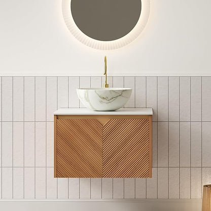 24 Inch Bathroom Vanity with Sink, Floating Fluted Vanity with Vessel Sink, Modern Wall Mounted Bathroom Vanity Cabinet with 2 Doors, Bowl Ceramic Sink & Sintered Stone Top, Oak