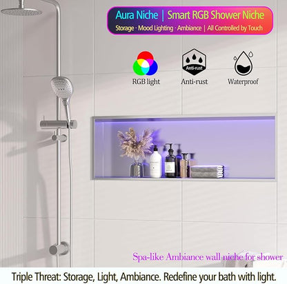 36X12 RGB Shower Niche, Brushed Nickel Stainless Steel LED Wall Niche, No Tile Needed Wall Cabinet for Bathroom Storage, 3000K Warm Light