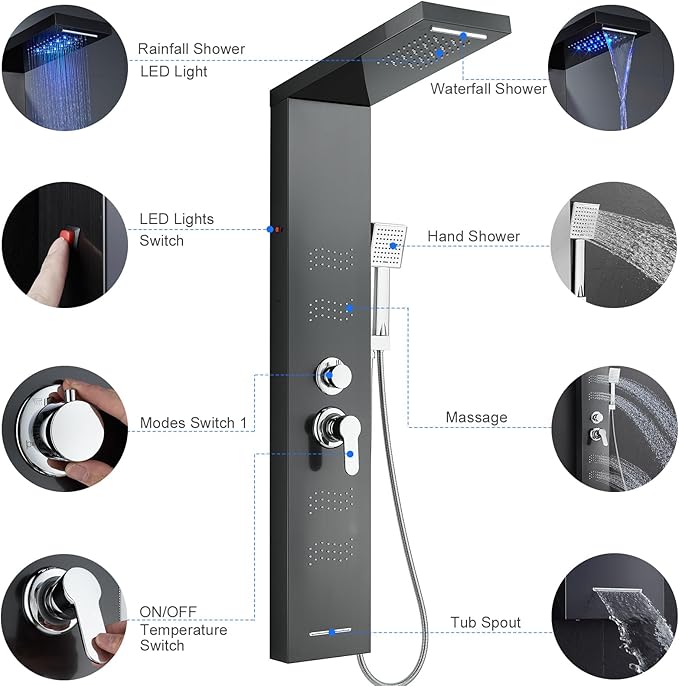 Stainless Steel Shower Panel Tower System with LED Lights, 5 in 1 Shower Panel with Rainfall Waterfall Shower Head, Body Spray, Handheld Shower, Tub Spout (Black)