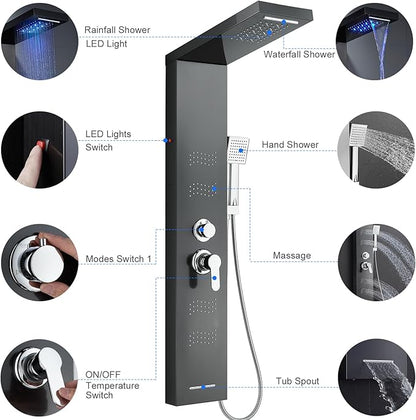 Stainless Steel Shower Panel Tower System with LED Lights, 5 in 1 Shower Panel with Rainfall Waterfall Shower Head, Body Spray, Handheld Shower, Tub Spout (Black)