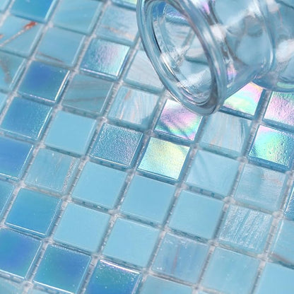 11.5 sq.ft Iridescent Blue Glass Mosaic Tile for Bathroom, Pool, Backsplash | Waterproof Wall & Floor Tile. Heat & frost resistant outdoors. Mesh-mounted easy install. Use any grout. Easy clean. 10pcs.