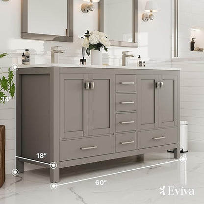 Eviva London 60 in. Gray Double Sink Bath Vanity with Carrara Quartz Top and Undermount Porcelain Sinks