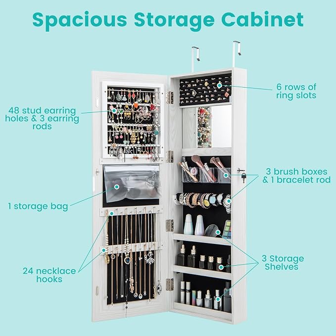 CHARMAID LED Mirror Jewelry Cabinet, 47.2'' Jewelry Armoire with Adjustable Lighted Full Length Mirror, Wall Mounted or Door Hanging, Lockable Jewelry Organizer Storage (Grayish White, 47.2''H)