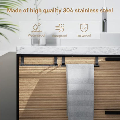 Over Cabinet Towel Bar, Stainless Steel Towel Holder, Black, 2 Pack | No-drill Over Cabinet Towel Rack, Rustproof Stainless steel, Scratch-resistant Foam Pads, Fits Doors Up to 0.8"