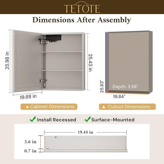 TETOTE 20 x 26 Lighted Medicine Cabinet with Mirror with Adjustable Shelves, Silver Aluminum Cabinet, Anti-Fog Stepless Dimmable 3 Colors White/Warm/Natural, Easy to Install(Wall Mount/Recessed)