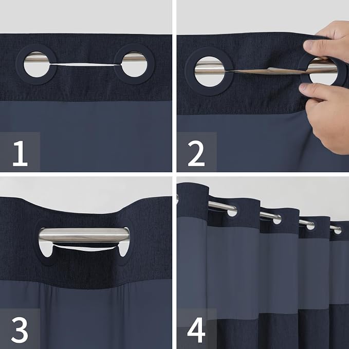 eachope No Hook Fabric Shower Curtain with Snap-in Liner,71x74 Navy Blue | Linen Texture,230GSM Thick Fabric,Hotel Luxury Decor,Mesh Window,Bottom magnetic ,Waterproof & Machine Washable,for Bathroom