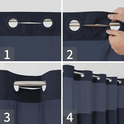 eachope No Hook Fabric Shower Curtain with Snap-in Liner,71x74 Navy Blue | Linen Texture,230GSM Thick Fabric,Hotel Luxury Decor,Mesh Window,Bottom magnetic ,Waterproof & Machine Washable,for Bathroom