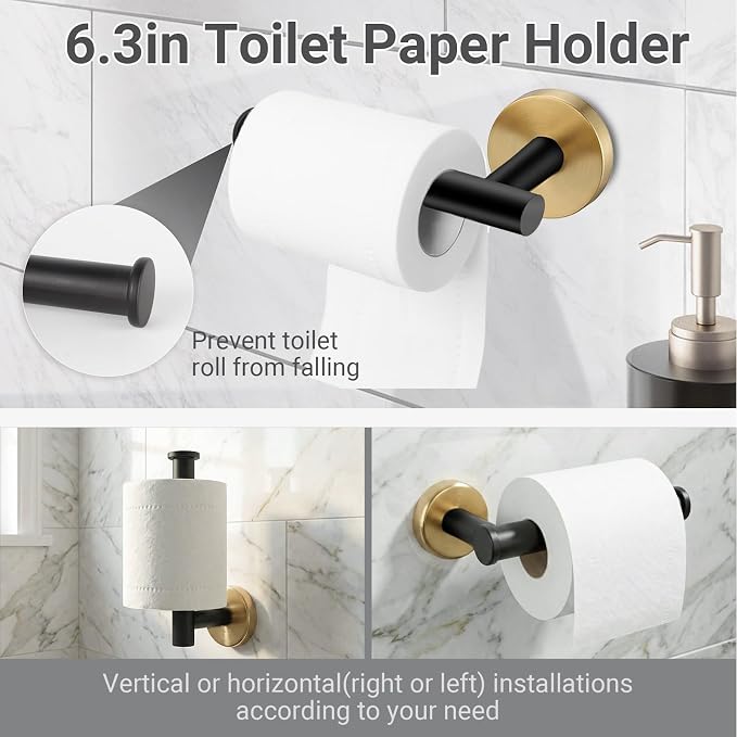 5-Piece Black Gold Bathroom Hardware Set, SUS304 Stainless Steel Wall Mounted Bathroom Accessories, 24 Inch Towel Bar, Towel Ring, Toilet Paper Holder, 2 Hooks, Rustproof Modern Bathroom Fixtures