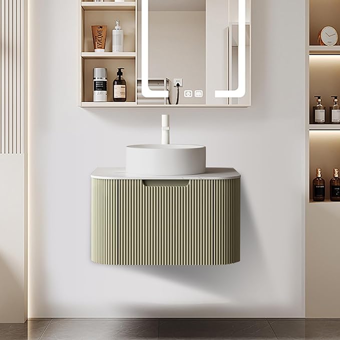 LKTART 24 Inch Green Floating Bathroom Vanity with Sink, Modern Wall Mounted Bathroom Storage Cabinet with Drawer, Round White Ceramic Sink Top and Marble Texture Top