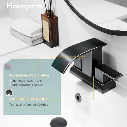 Hoimpro 3 Holes 4 Inch Bathroom Faucet, Waterfall Oil Rubbed Bronze Bathroom Faucet Two Handles Centerset Bathroom Sink Faucet Vanity Sink Faucet with cUPC Supply Hoses and Pop Up Drain