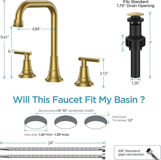 FORIOUS 3 Hole 8 Inch Widespread Bathroom Faucet in Brushed Gold - 2 Handle Bathroom Sink Faucets with Pop Up Drain Assembly and 2 Water Supply Lines for RV Bath Vanity Farmhouse, 360°Swivel Spout
