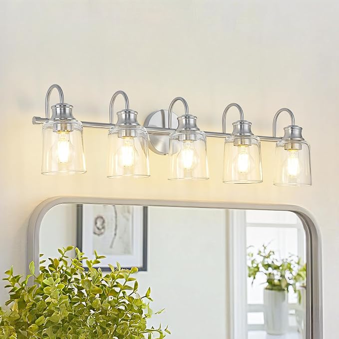 5 Lights Bathroom Light Fixtures Brushed Nickel Vanity Lights | ETL Certificate, Easy to Install,Wall Mount Up or Down,Thickened Glass Lampshade,E26 Socket,Hardwired
