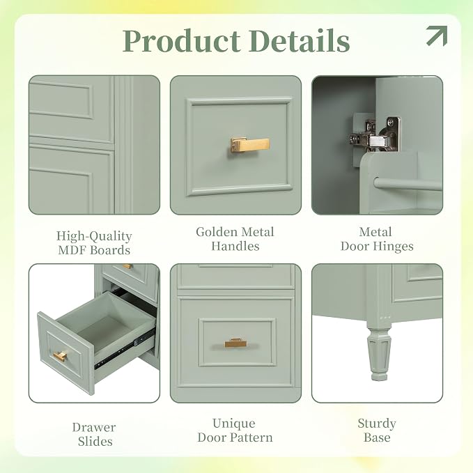 30" Bathroom Vanity with Ceramic Sink, Undermount Single Basin Bath Vanity Set w/1 Flip-Up & 2 Drawers,Modern Freestanding Storage Cabinet w/Adjustable Shelf,Solid Wood Frame,Green