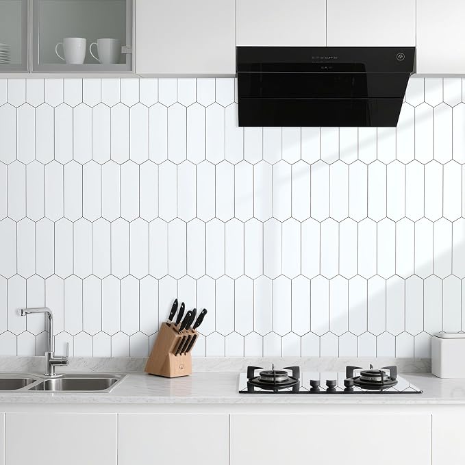 DICOFUN 10-Sheet Long Hexagon Peel and Stick Backsplash, 12"x12" PVC Stick on Backsplash Wall Tiles for Kitchen and Bathroom (Polished White)