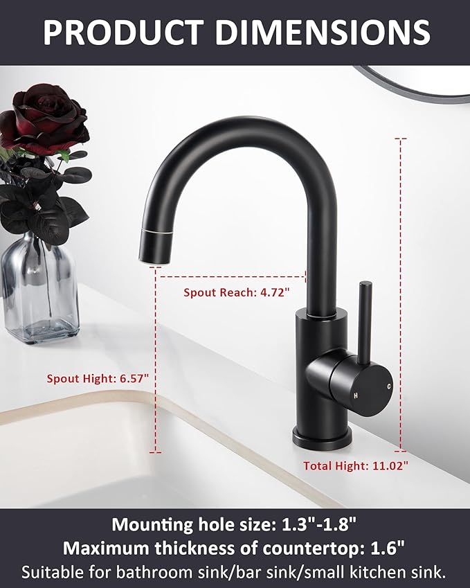 Tohlar Black Bathroom Sink Faucet, Single Hole Bathroom Faucet with Sprayer, RV Vanity Small Kitchen Faucet with 360° Rotation Spout, Matte Black Bar Sink Faucet with Pop Up Drain, 24” Supply Hoses