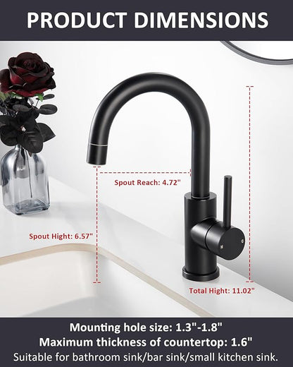Tohlar Black Bathroom Sink Faucet, Single Hole Bathroom Faucet with Sprayer, RV Vanity Small Kitchen Faucet with 360° Rotation Spout, Matte Black Bar Sink Faucet with Pop Up Drain, 24” Supply Hoses