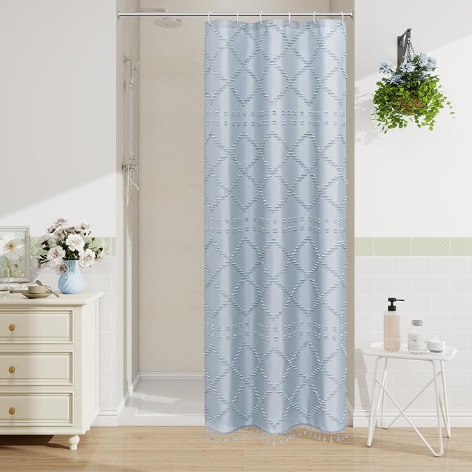 Blue Boho Woven Fabric Shower Curtain with Tassel 36 x 72, Tufted Textured | Modern Farmhouse Curtain for Bathroom, Stall Bathroom Curtain, Minimalist Decor, Waterproof