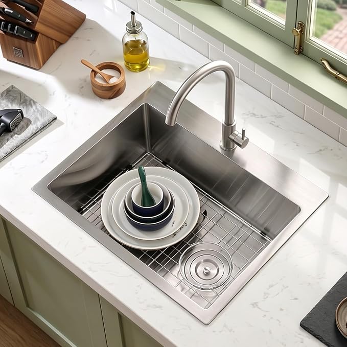 Kitchen Sink, 22 x 18 Inch Drop in Sink, 304 Stainless Steel | Centre-Offset Drain, 9" Deep Single Bowl, Topmount Installation, Brushed(Inclued Drain Strainer & Bottom Grid)