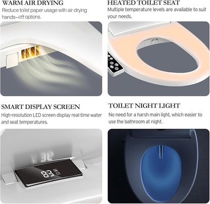 Electric Heated Bidet Toilet Seat with Warm Water Wash, Warm Air Dryer, Soft Closed Lid, Night Light, LED Display, Toilet Seat with Bidet Requires Outlet - Elongated