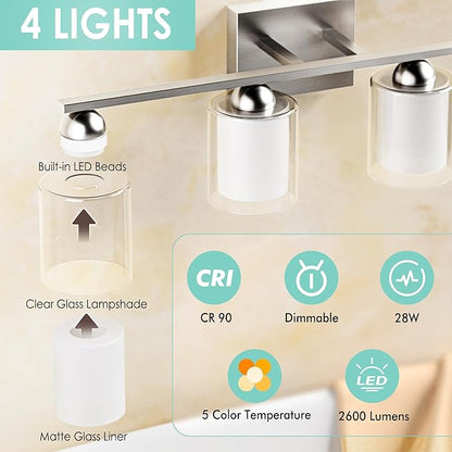 Quntis 4 Light Brushed Nickel Bathroom Light Fixtures, Modern Vanity Lights Over Mirror with 5 Colors & Stepless Dimmable, 27 Inch LED Bathroom Lighting with Milk White Frosted Glass (Bulbs Included)