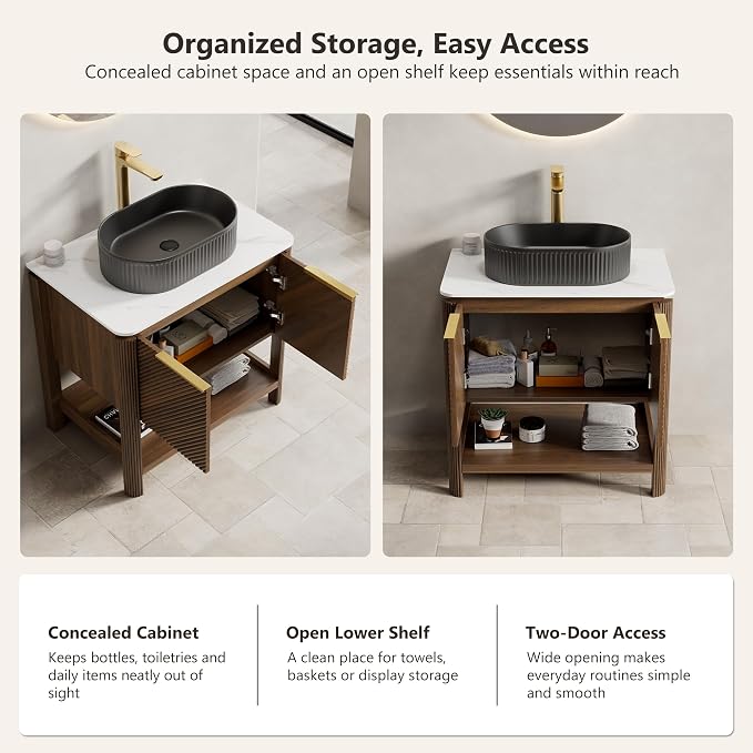 Yayzy 30 Inch Bathroom Vanity with Sink, Freestanding Dark Walnut Bathroom Cabinet, Matte Black Oval Vessel Sink, Carrara White Sintered Stone Countertop, Soft Close Doors, Open Storage Shelf