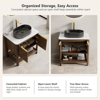 Yayzy 30 Inch Bathroom Vanity with Sink, Freestanding Dark Walnut Bathroom Cabinet, Matte Black Oval Vessel Sink, Carrara White Sintered Stone Countertop, Soft Close Doors, Open Storage Shelf