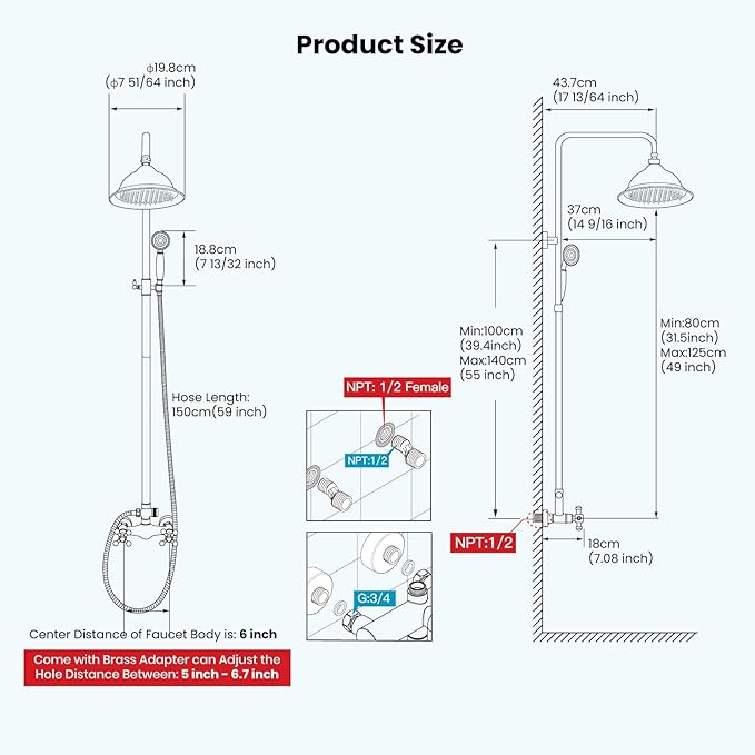 gotonovo Polish Gold Exposed Bathroom Shower Faucet 8 Inch Rainfall Shower Head System Handheld Spray Bathroom Wall Mount Shower Fixture Set