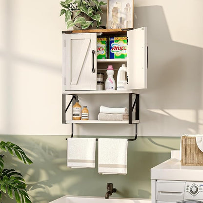 Bonnlo Wall Cabinet Farmhouse with Tower Bar Small Bathroom Medicine Cabinet Over Toilet Storage Organizer with Tower Bar Wall Mounted for Bathroom Kitchen Rustic White & Brown