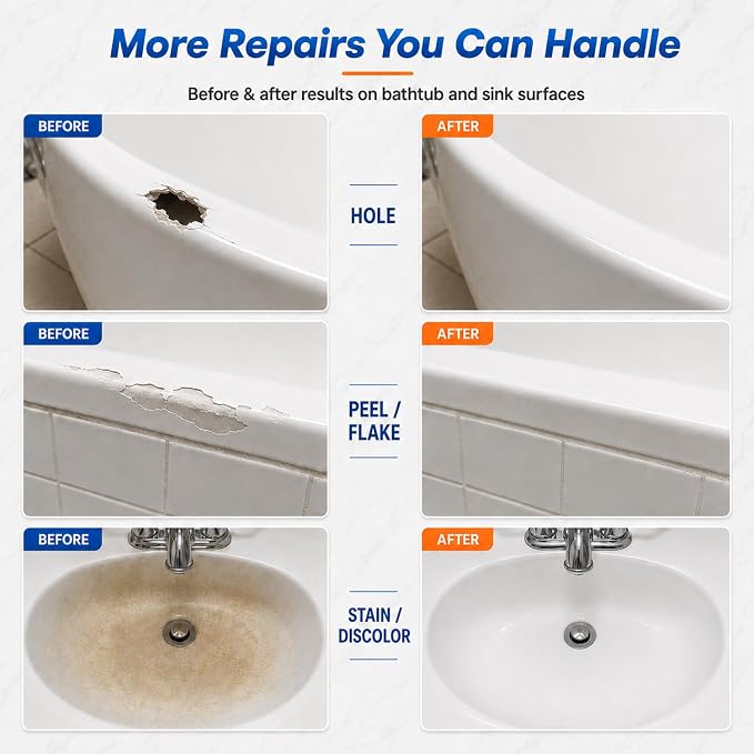 Porcelain Repair Kit White, High-Gloss Chipped Sink, Tub & Tile Repair Kit | Fix Sinks Chips, Tile Crack, Hole, Super Bond Porcelain Sink Repair Kit & Tile Paste Epoxy Putty, Trim & Repair Kits