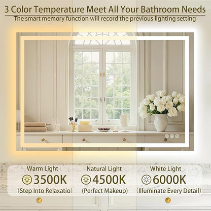 36"x48" LED Bathroom Mirror with Lights, Anti-Fog, Backlit+Frontlit | CRI 95, Stepless Dimmable, 3 Colors Lighting, Shatterproof Tempered Glass, HD Reflection, Memory, (Horizontal/Vertical)