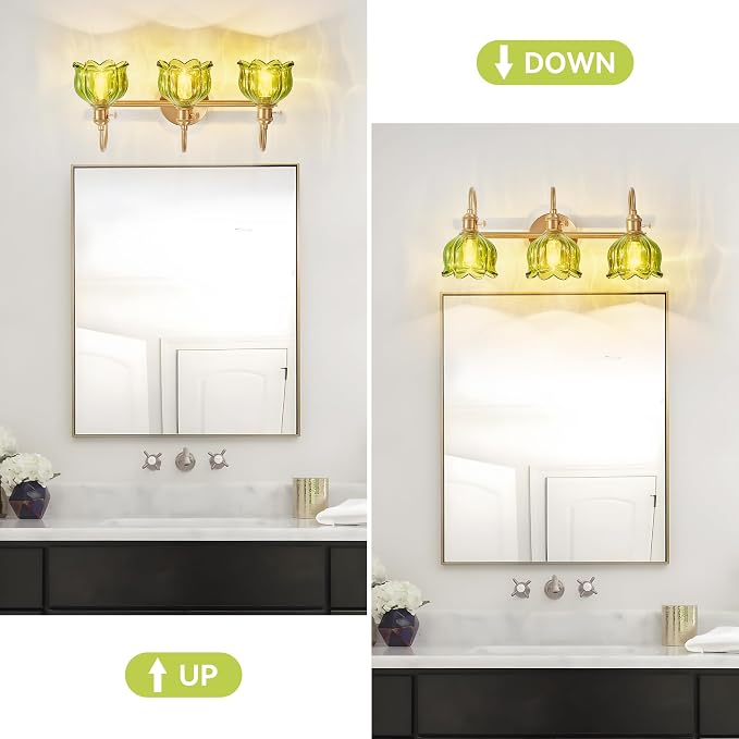 Bathroom Light Fixtures Over Mirror,3-Light Brushed Gold Vanity Lights with Green Tulip Glass Shades,Vanity Lighting Fixtures for Bathroom Bedroom Kitchen Living Room Hallway