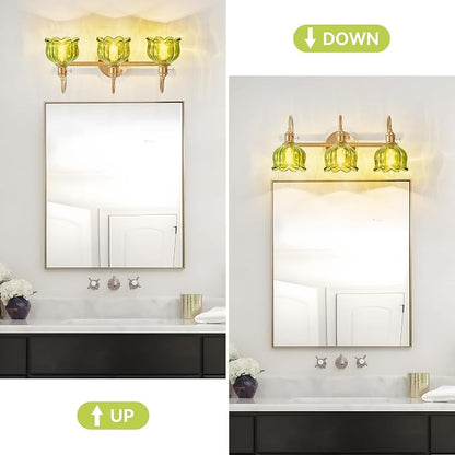 Bathroom Light Fixtures Over Mirror,3-Light Brushed Gold Vanity Lights with Green Tulip Glass Shades,Vanity Lighting Fixtures for Bathroom Bedroom Kitchen Living Room Hallway
