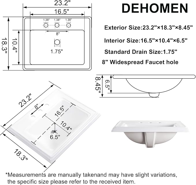 23" Drop-in Bathroom Sink with 8" Widespread 3 Hole Ceramic Basin | 23.2"x18.3”,White Ceramic Rectangle Semi-recessed Vanity Basin, Self-Rimming for Modern Bathroom Remodel and Home Renovation