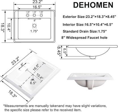 23" Drop-in Bathroom Sink with 8" Widespread 3 Hole Ceramic Basin | 23.2"x18.3”,White Ceramic Rectangle Semi-recessed Vanity Basin, Self-Rimming for Modern Bathroom Remodel and Home Renovation