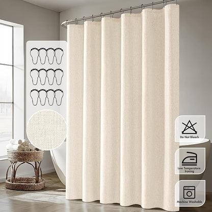 ANRODUO Cream White Linen Textured Fabric Shower Curtain Set - W72xL72 | Farmhouse Shower Curtain with 12 Metal Hooks, Waterproof Heavy Duty, Button Hole Design, Machine Washable for Bathroom