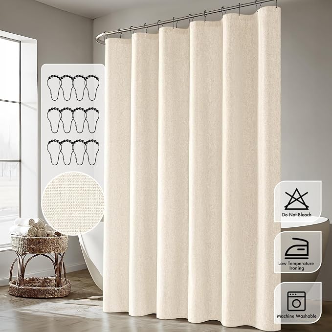 ANRODUO Cream White Linen Textured Fabric Shower Curtain Set - W72xL84 | Farmhouse Shower Curtain with 12 Metal Hooks, Waterproof Heavy Duty, Button Hole Design, Machine Washable for Bathroom
