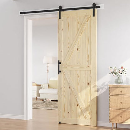 SMARTSTANDARD 36in x 96in Sliding Barn Door with 6.6ft Hardware Included | Fit Opening up to 32"x94", Unfinished Solid Spruce Wood Door, Assembly Required DIY,Stainable,Natural