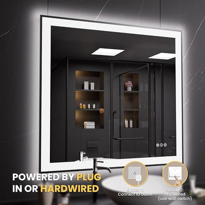 LOAAO 40"X38" LED Bathroom Mirror Black Framed | Anti-Fog, Dimmable, Memory Function, Tempered Glass, Lighted Vanity Mirror for Wall