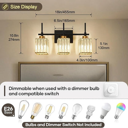 Torondo Modern Crystal 3-Light Vanity Lights for Bathroom Gold Bathroom Lights Over Mirror Black and Gold Vanity Lighting Fixtures Square Shade Brass Wall Sconce (Bulbs Not Include)