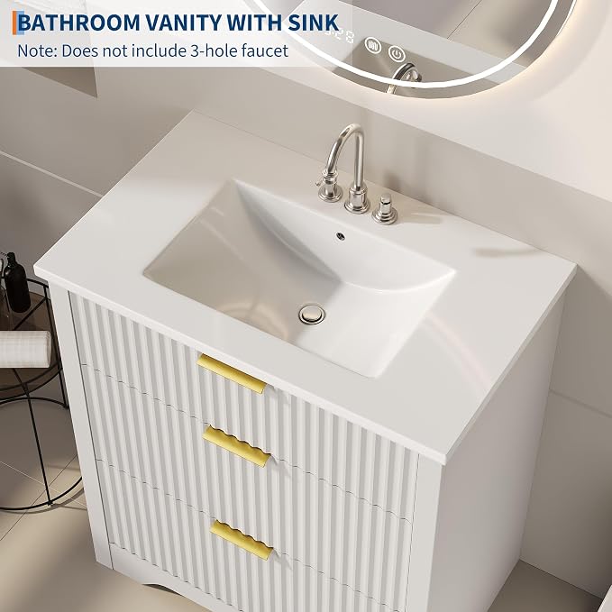 Garvee 30" Fluted Bathroom Vanity with Sink, Farmhouse Freestanding Bathroom Sink Cabinet with 2 Drawers & 1 Flip-Down Drawer, Easy Assembly & Cleaning, White